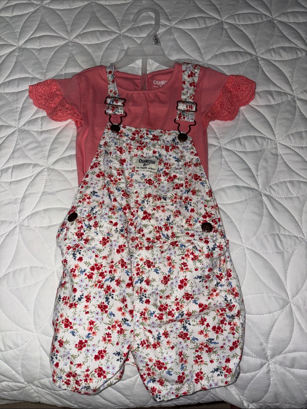 OshKosh B'gosh Pink Tee with Floral Print Overalls